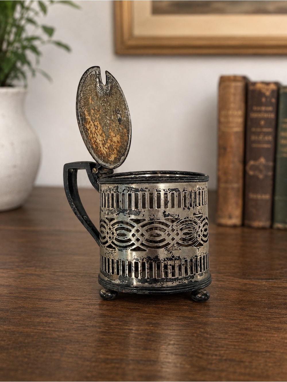 Antique Pierced Silverplate Mustard Pot Hinged Lid Tripod Feet No Liner
